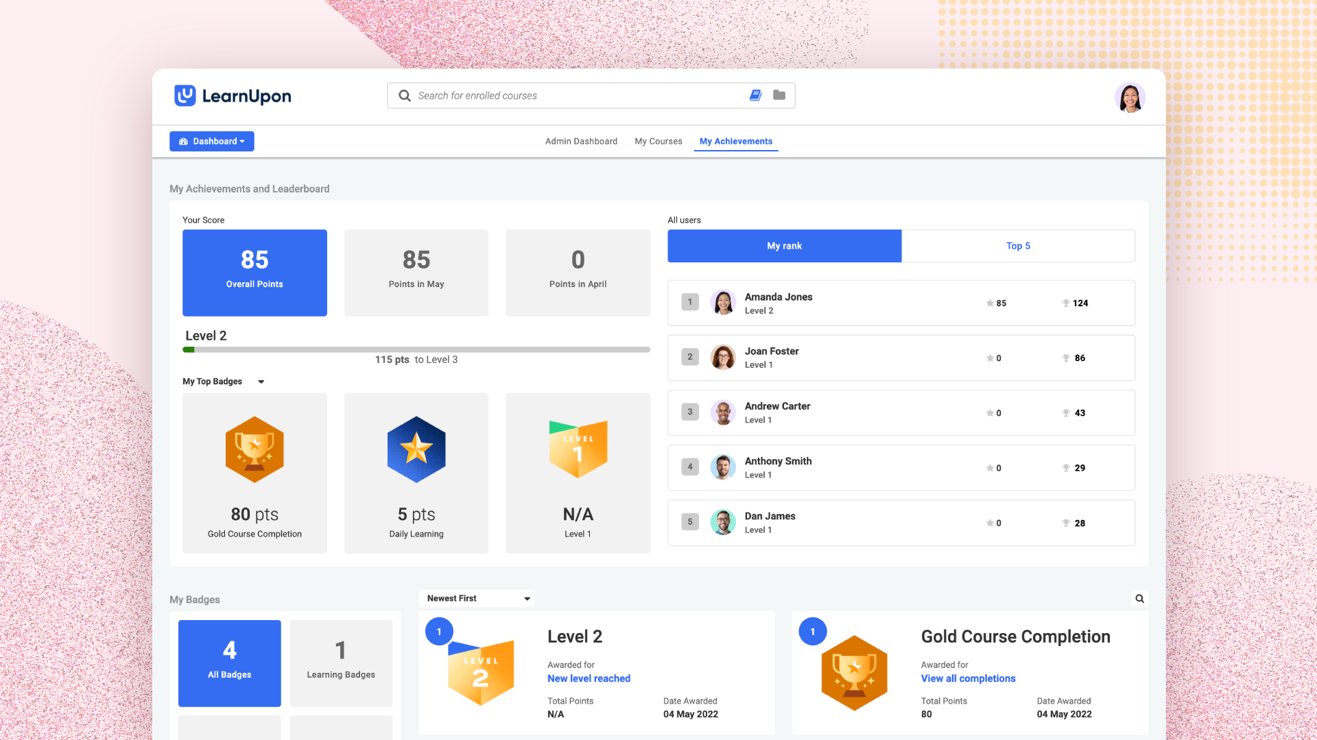 LearnUpon Software - Motivate learners with Gamification and leaderboards: Encourage your team to hit their goals and place a spotlight on the best performing learners.