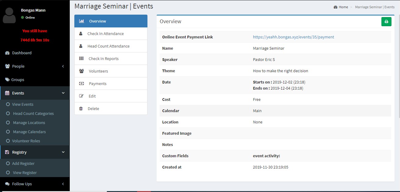 BCMS events overview
