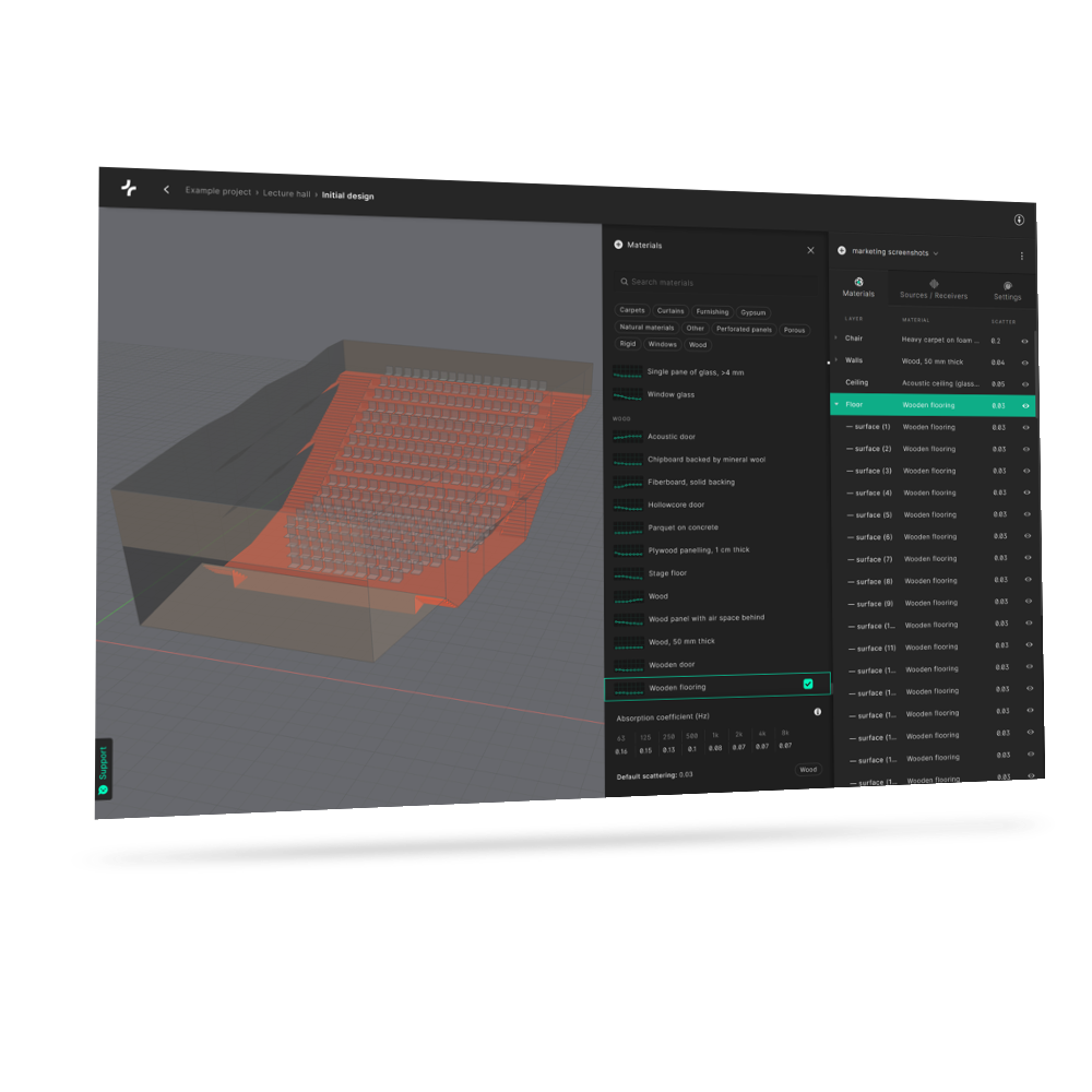 Treble Acoustic Simulation Suite Software - Model boundaries with greater detail than ever before   Description: Treble’s simulation engine allows for precise modeling of surface conditions, including both energy absorption and phase shifts. A large database of carefully crafted surface conditions