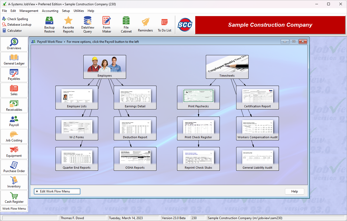 Main Payroll Menu showing some of the available payroll processes
