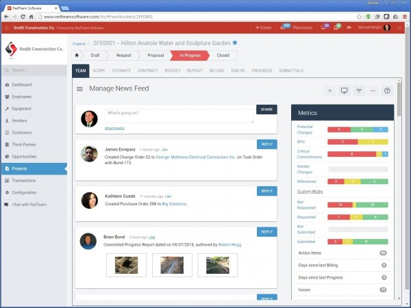 RedTeam screenshot: Encourage team collaboration using social project newsfeeds