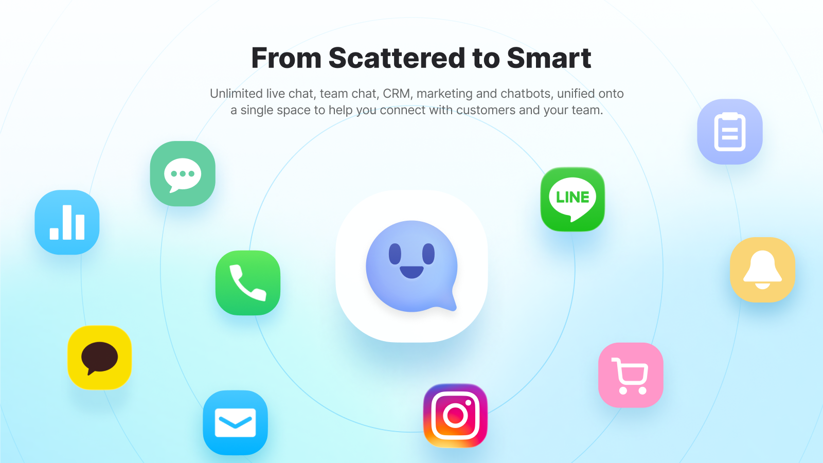 From Scattered to Smart - Unlimited live chat, team chat, CRM, marketing and chatbots, unified onto a single space to help you connect with customers and your team.