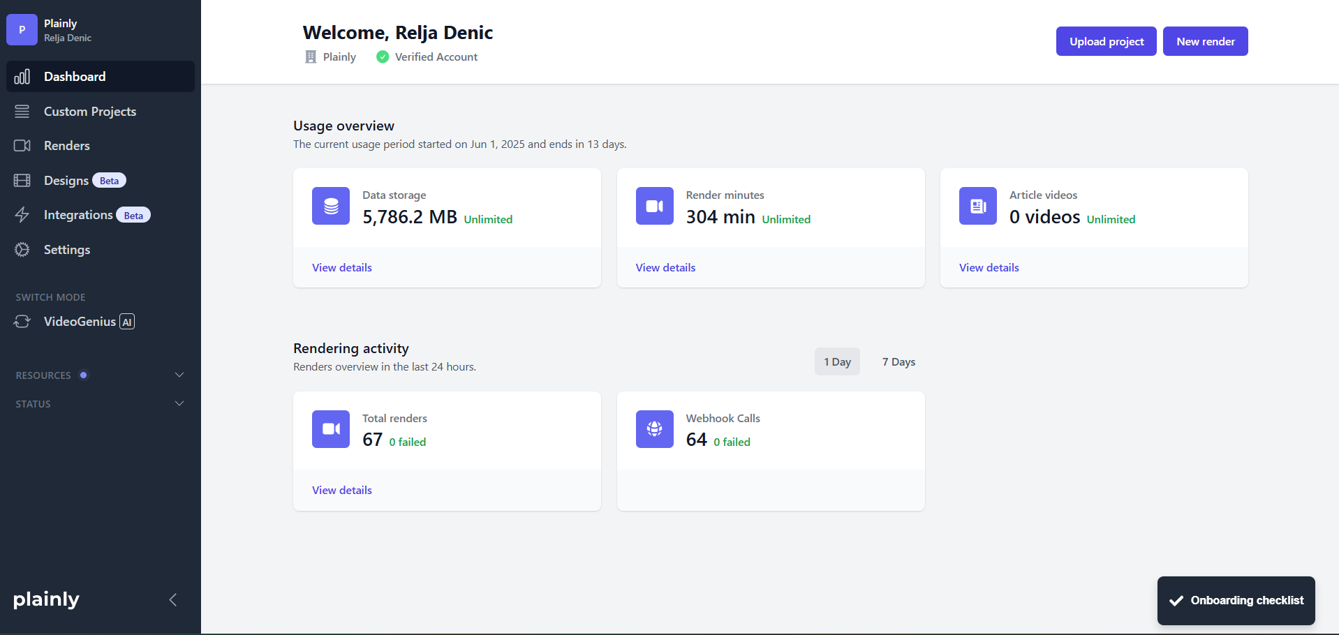 Plainly screenshot: Plainly dashboard