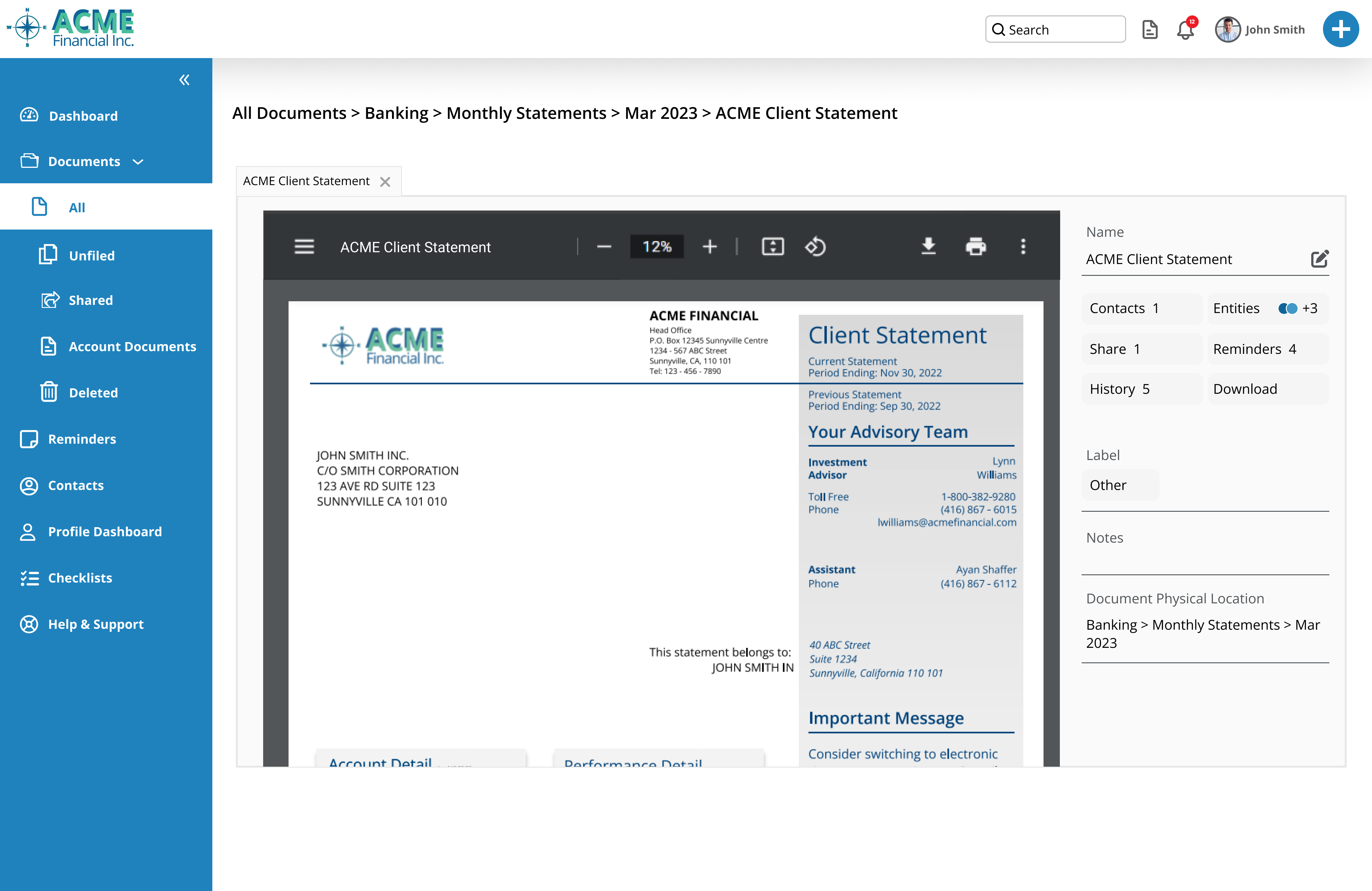 Manage enterprise, advisor, and client documents directly within the Vault. Add a second screen with checkmarks for: Associated Contacts, Audit Trail, Secure File Sharing, Entity Management, Document Reminders, Labels & Notes