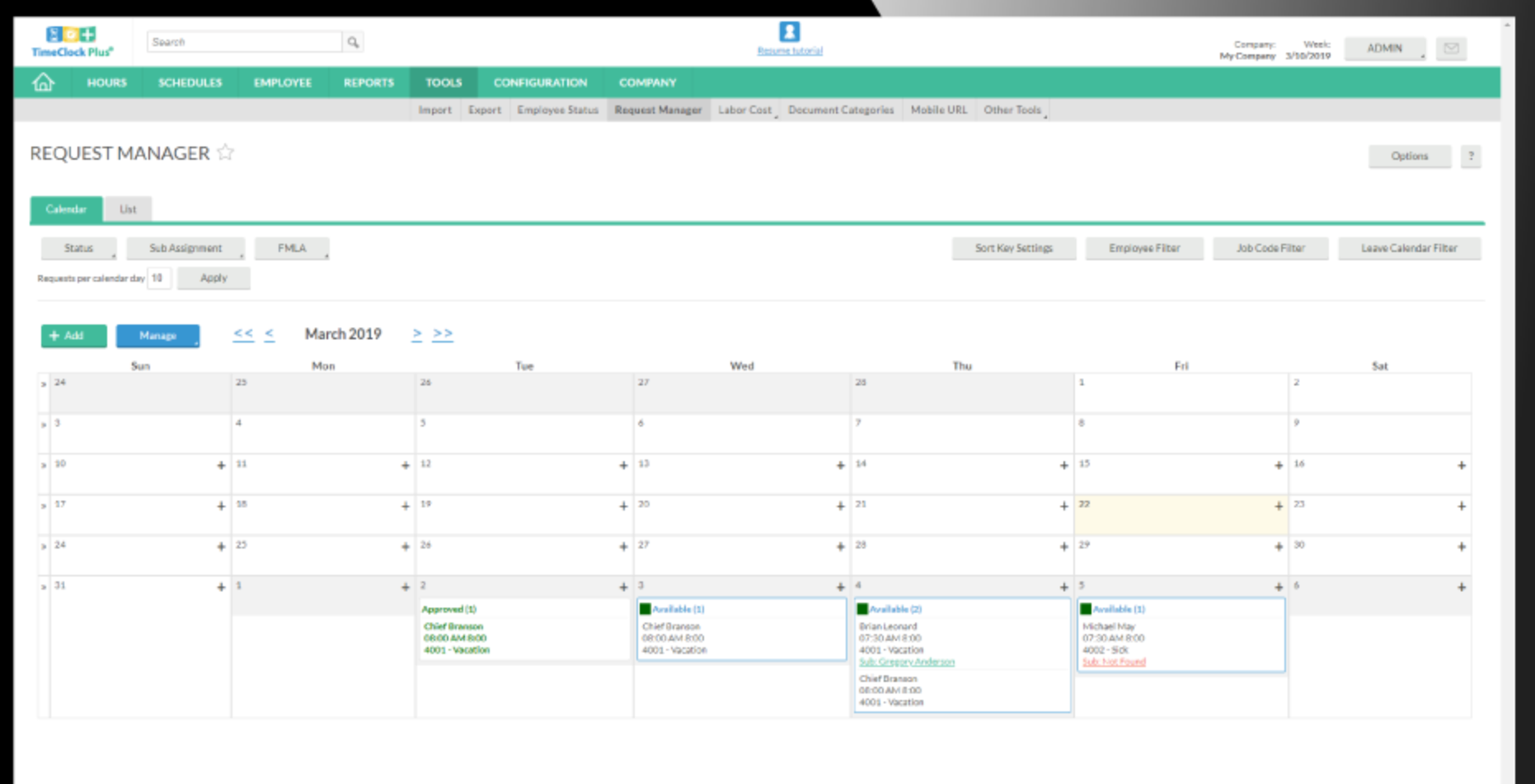 Managers can view leave schedules in a calendar, list, or dashboard widget