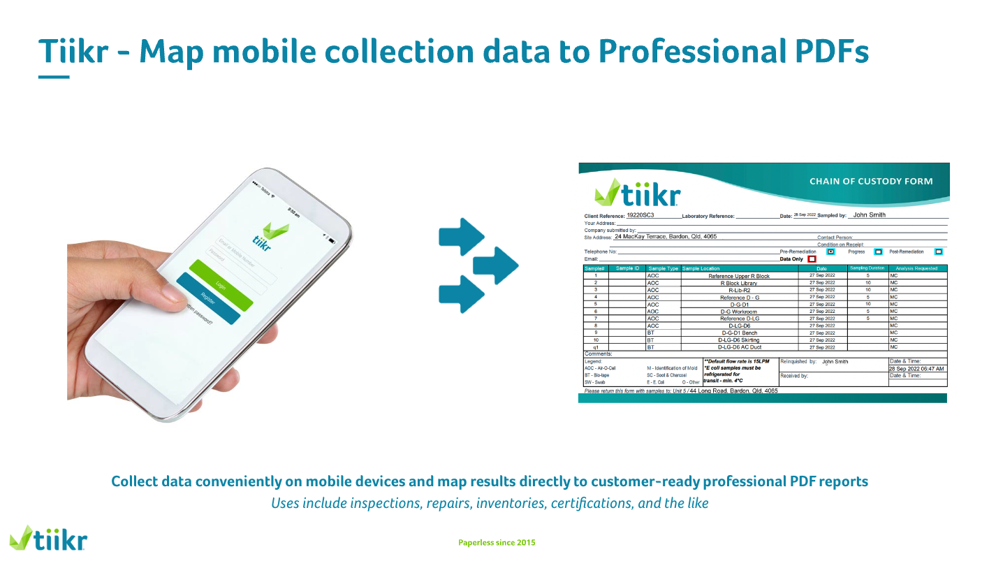 Tiikr screenshot: Collect data conveniently on your mobile device and map results directly to pre-produced, customer-ready professional PDF reports.