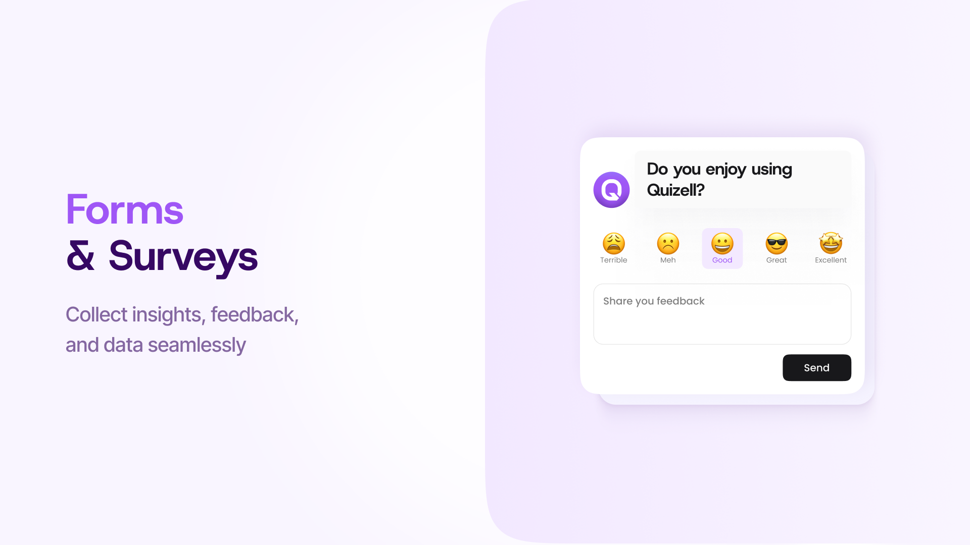 Quizell Software - Quizell feature for collecting insights, feedback, and customer opinions using engaging, interactive forms with emoji-style responses.