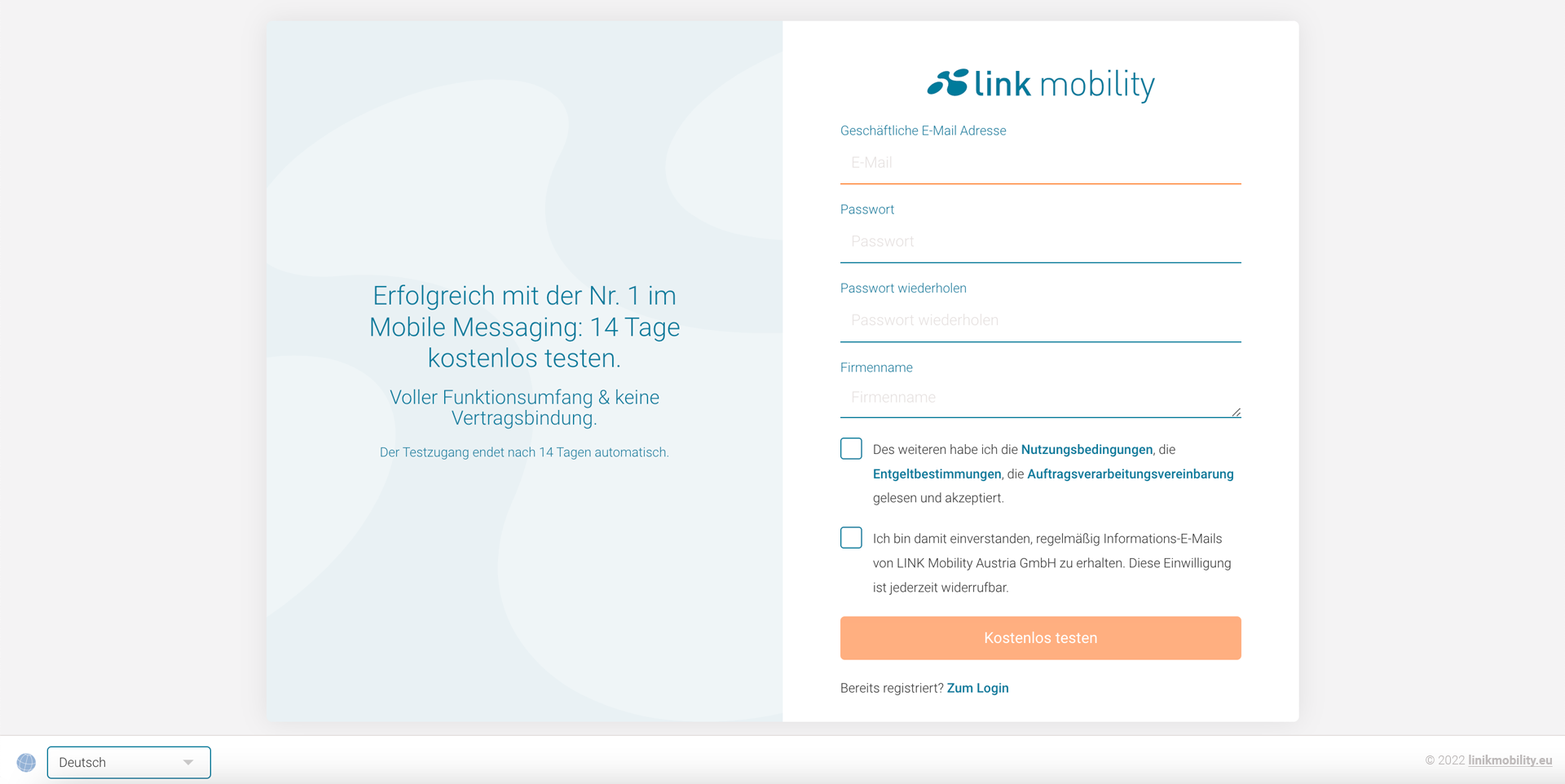 In wenigen Schritten können das Messaging Portal in vollem Funktionsumfang kostenlos testen und ersten Ihrer ersten SMS-Nachrichten versenden. Registrieren Sie sich dazu zunächst unverbindluch unter www.account.linkmobility.eu.