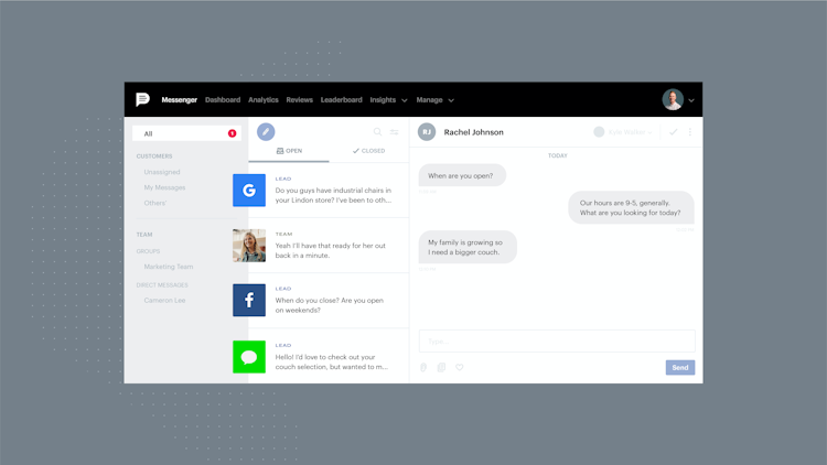Podium screenshot: Easily manage all your customer messaging channels in one dashboard. Add user level access so the right teams are able to handle any communication and your customers have a great experience.