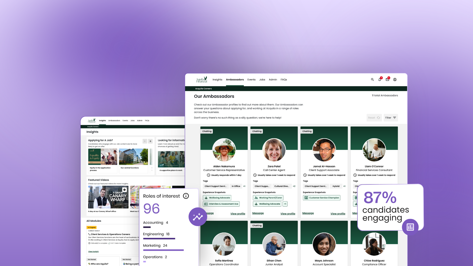 Connectr Talent Technology screenshot: Cross-device friendly interfact, rich advocate profiles.