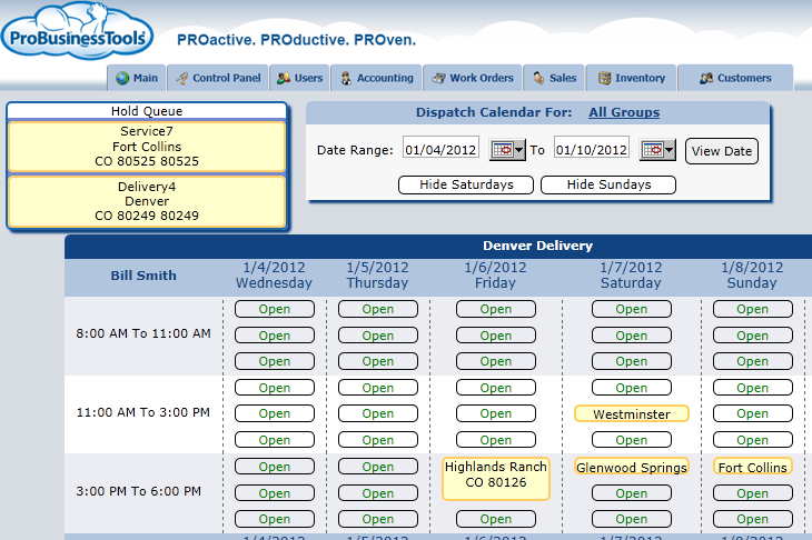 ProBusinessTools showing dispatch page