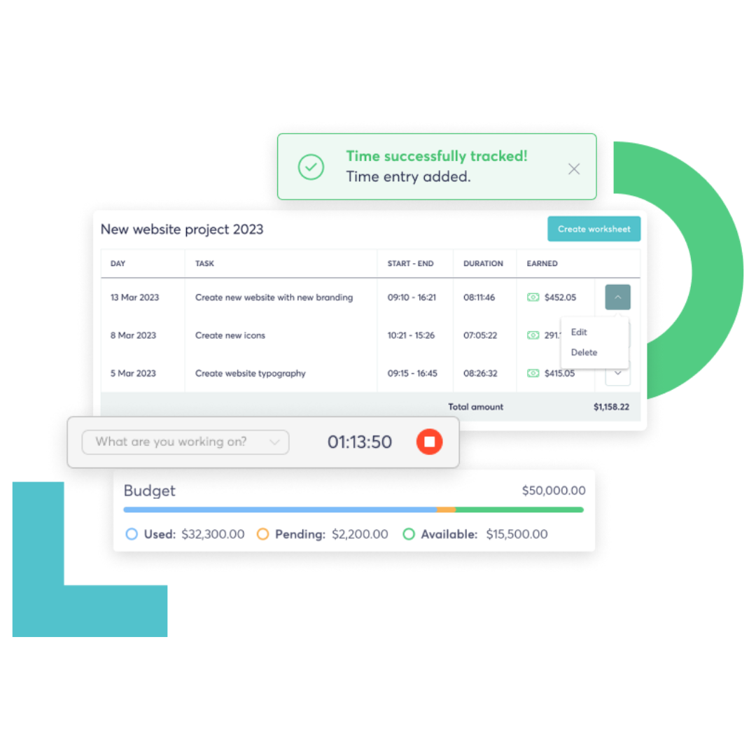 Automate timesheets and invoices with our time tracking tool. With just a couple of clicks, your freelancers can log their time for easy invoice generation and approval.