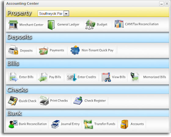 Total Management screenshot: Manage deposits, bills and checks with the Accounting Center