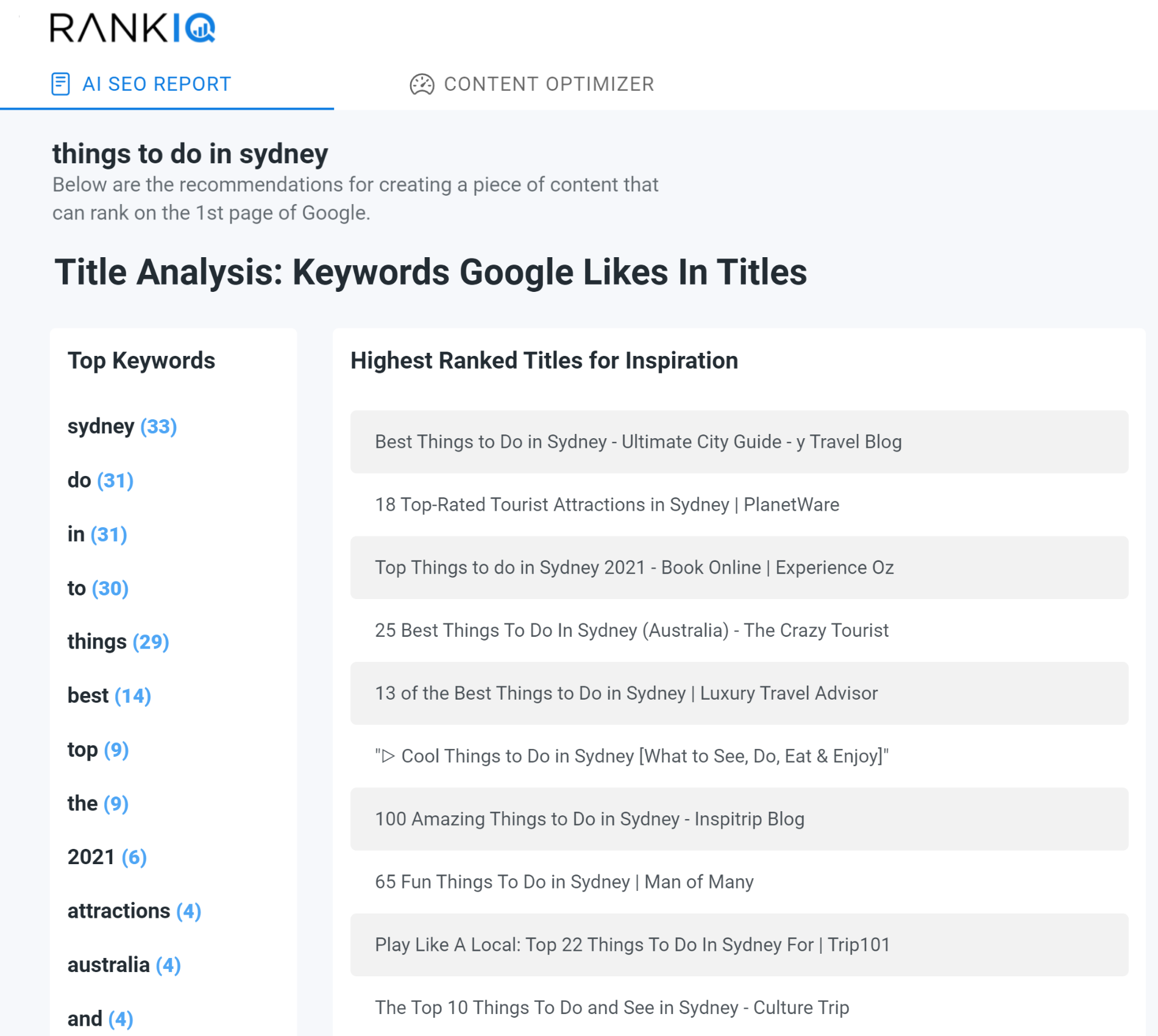 Title Analysis (AI SEO Report ): Our top 30 SERP analysis reveals the keywords that Google likes the most in titles. You'll be able to craft a top-notch title from the words that are proven to deliver the highest CTRs.-thumb