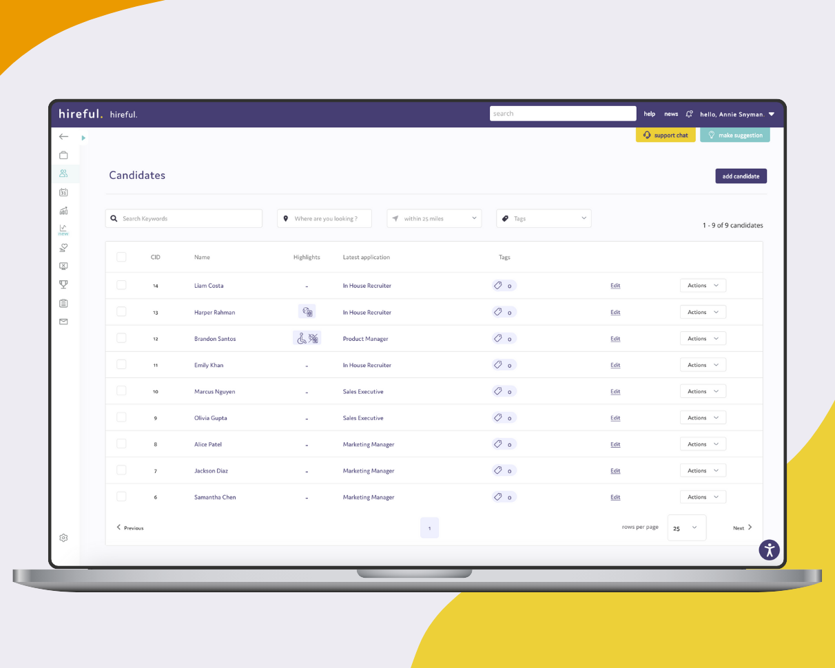 hireful Software - Candidate view: see all candidates with application highlighting, latest applications, and tags. - thumbnail