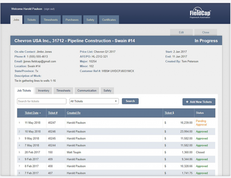 FieldCap screenshot: Gain quick and central access to all job tickets