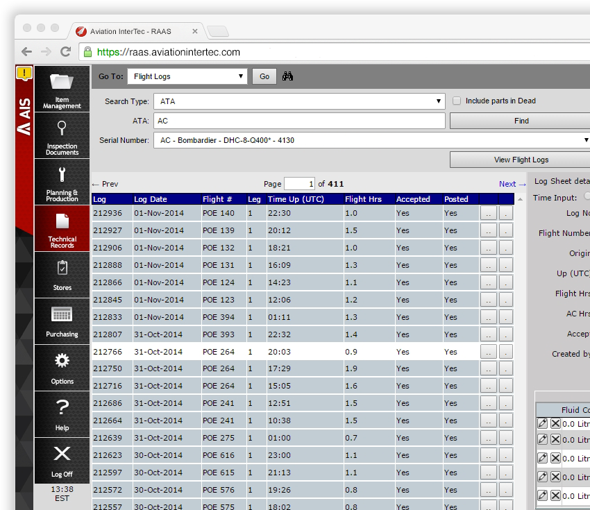 Aircraft Maintenance Systems technical records screenshot