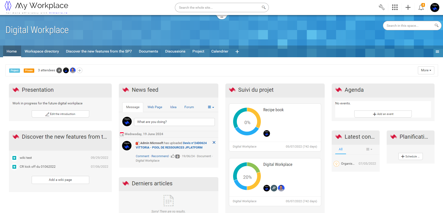 MyWorkplaceCloud screenshot: Create teams dedicated to a project or topic and provide access to external partners if necessary to centralise information. Capitalise on subject-related discussions and find a discussion thread more easily.