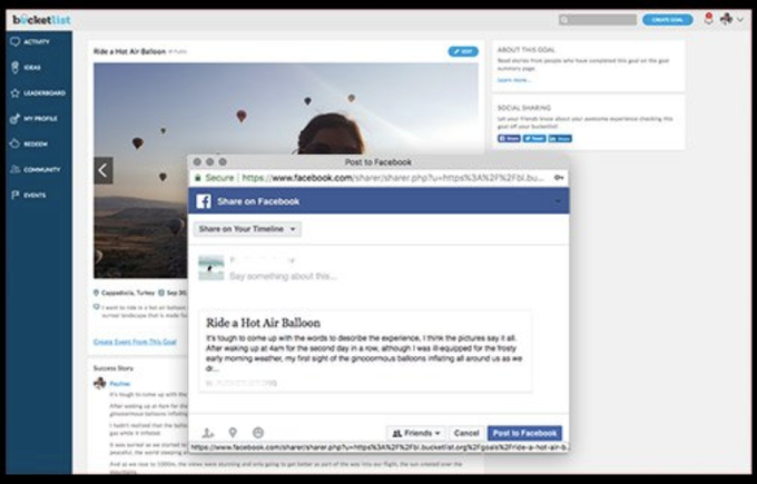 Bucketlist social sharing screenshot.