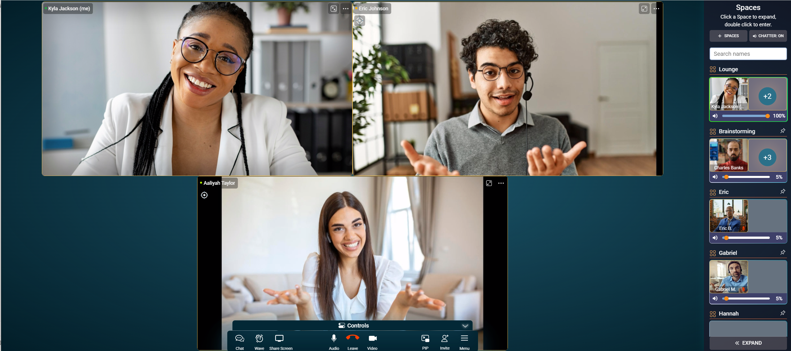 Kino screenshot: Kino's Spatial Spaces create a team's shared presence. Imagine different cubicles online. In different offices or remote, Kino's Spaces connect people for a truly unified teamwork.