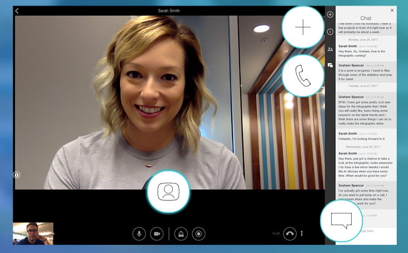 Make and receive video and voice calls or connect over chat