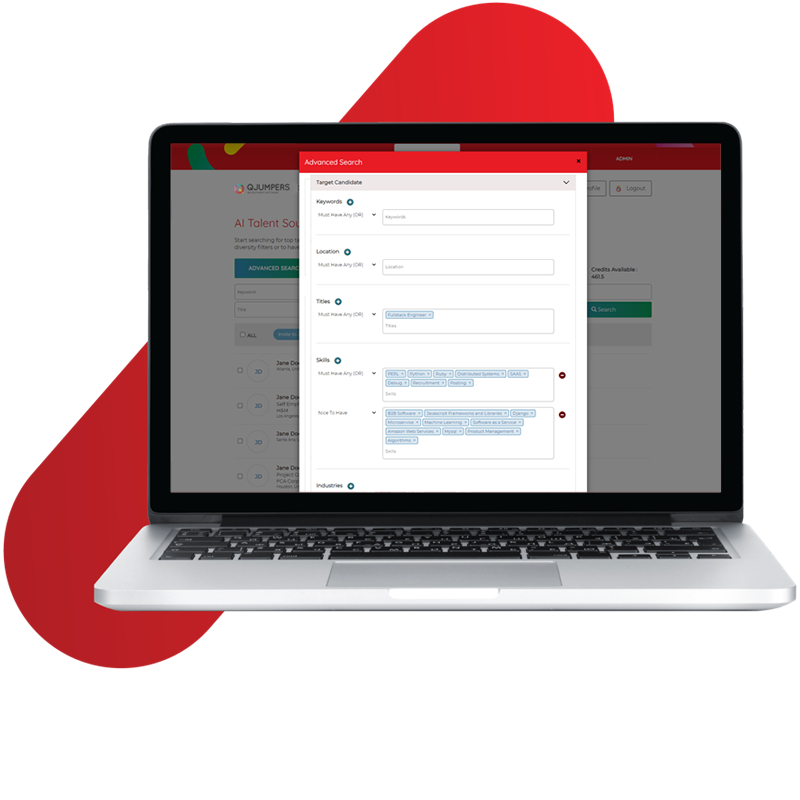 QJumpers AI Talent Sourcing screenshot: Advanced search functionality