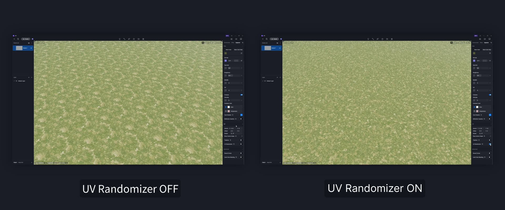 D5 Render Software - UV Randomizer: Added UV Randomizer in “Inspector” > “UV” for rotating and blending textures to avoid repetition on the surfaces, suitable for natural surfaces such as water and grass.