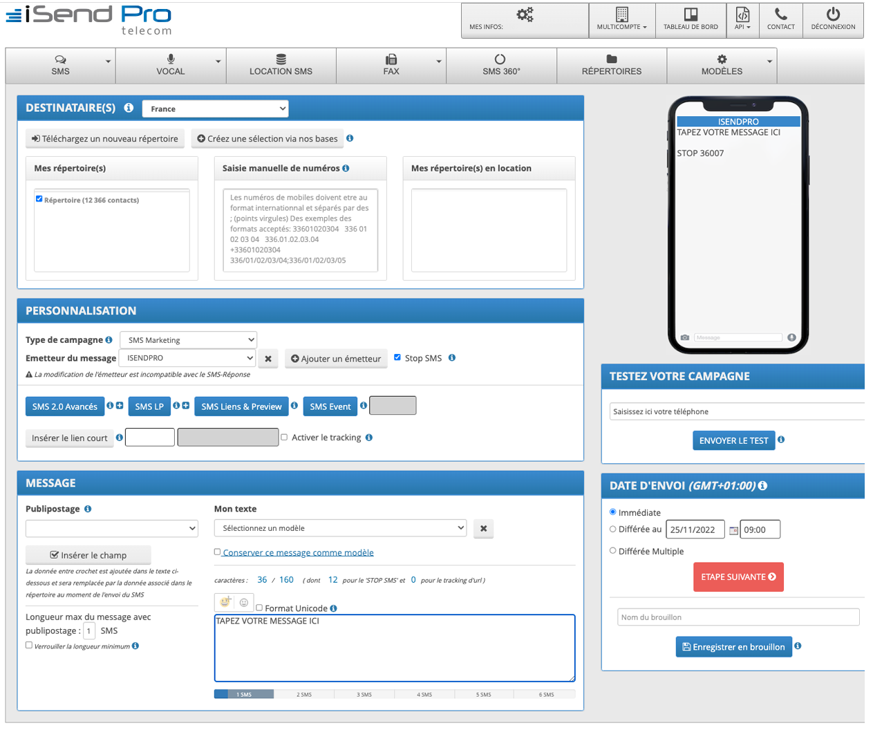 iSendPro Telecom screenshot: iSendPro Telecom SMS campaign