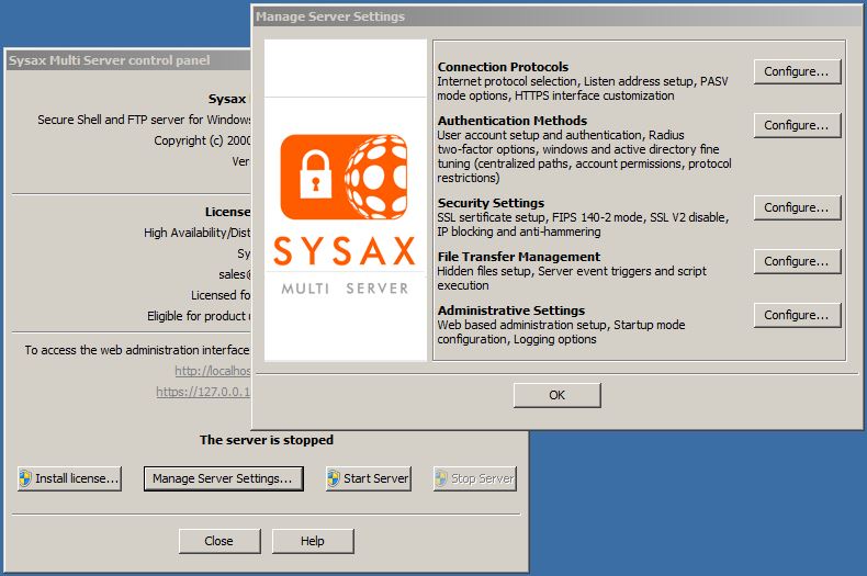 Sysax Multi Server screenshot: Sysax Multi Server Control Panel