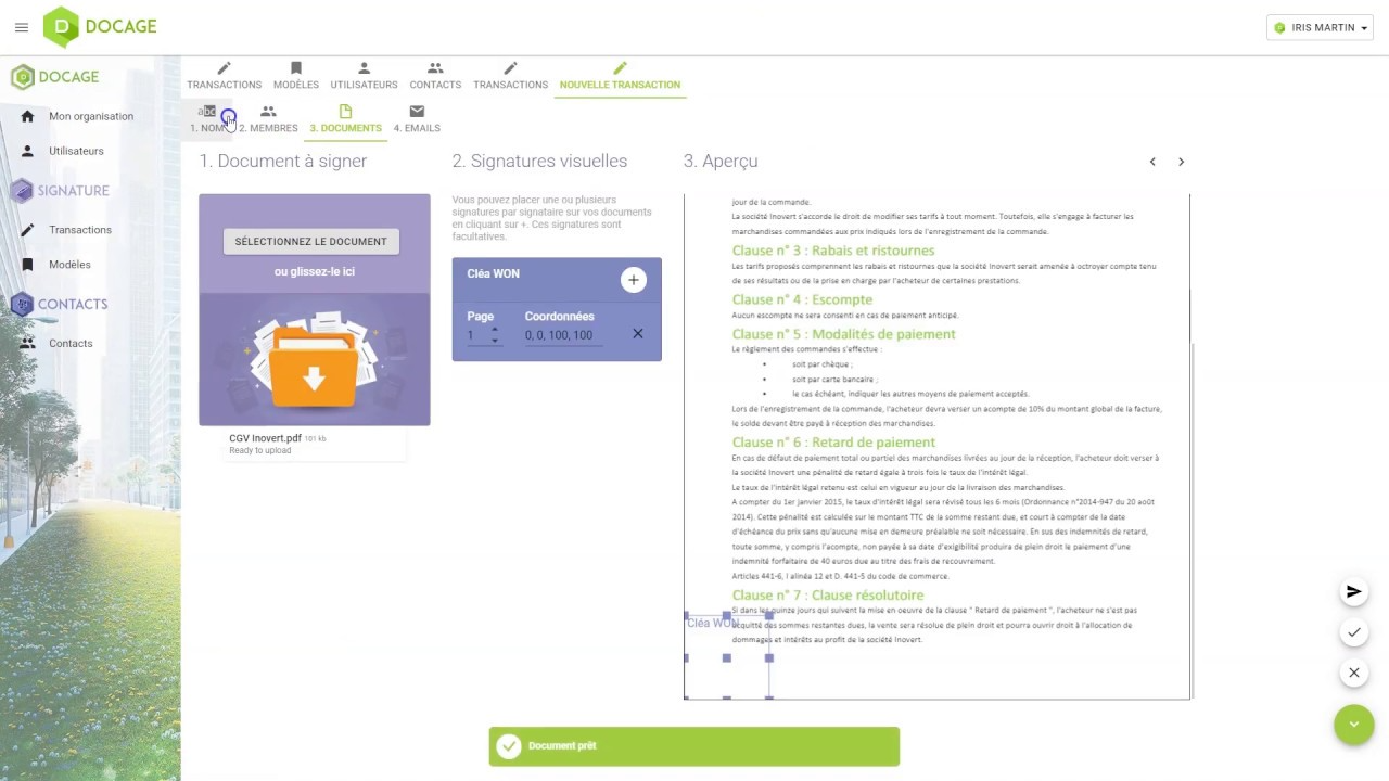 Docage screenshot: Docage Signature - création d'une transaction