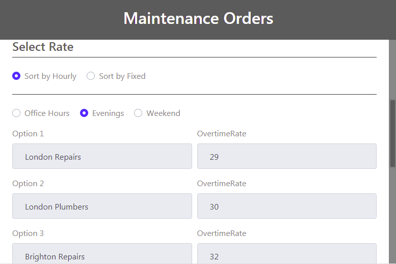 Maintenance Orders: View Top-3 Lowest Cost Suppliers (Sort by Hourly/Fixed). This takes account of call-out charges.  To mitigate fraud risk only approved suppliers are displayed.