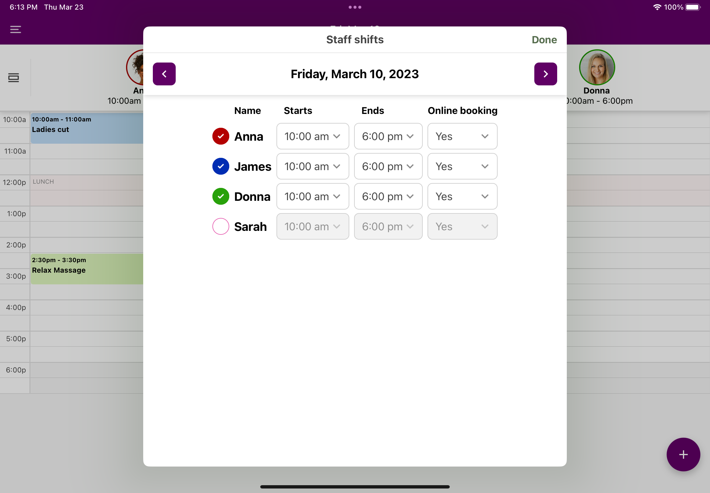 The staff shift screen, which allows for quick and easy modifications of staff shifts.