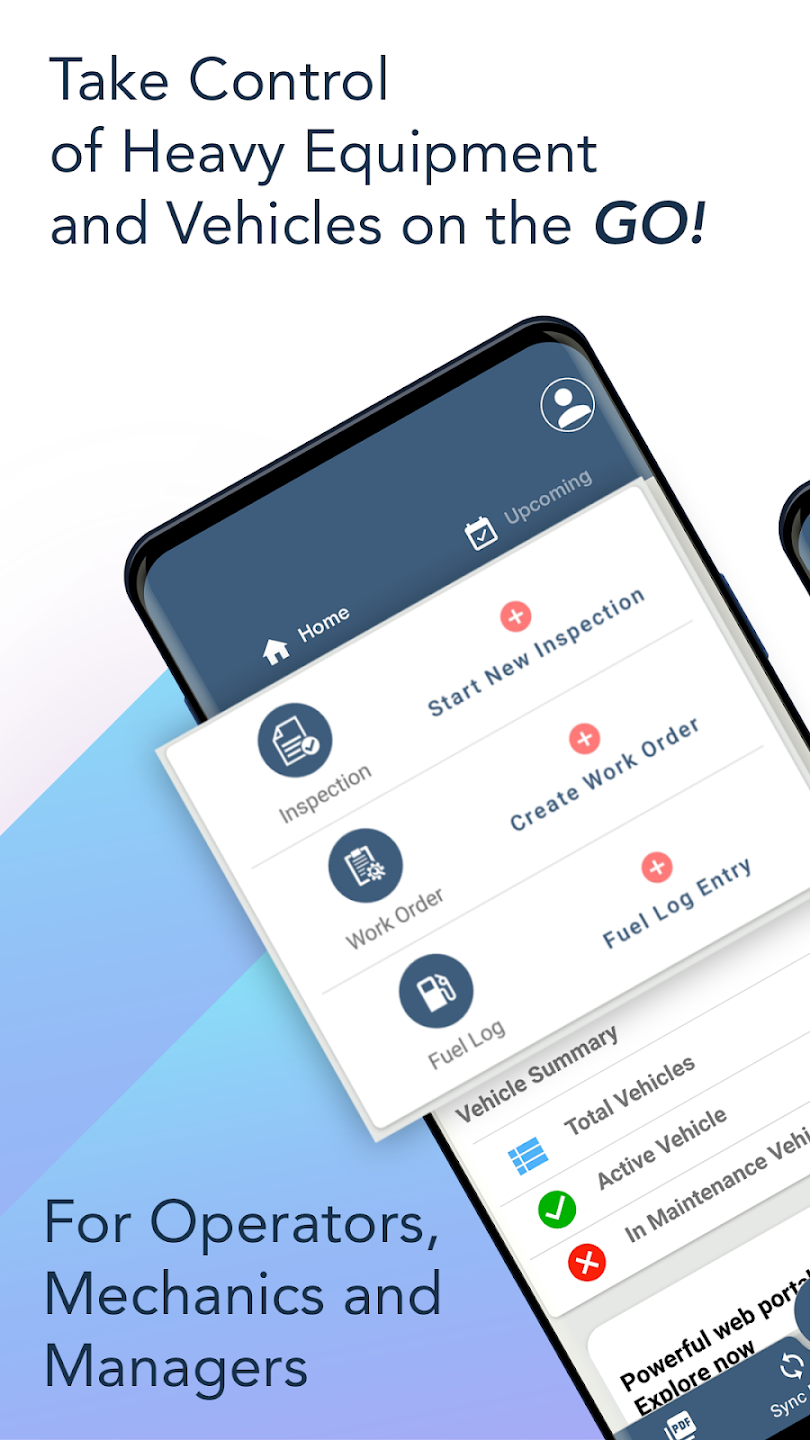 Heavy Vehicle Inspection screenshot: Home Page for Inspection/Compliance Audit, Maintenance Management, Fuel mangement, Logbook, Team Management, Purchase Order Management