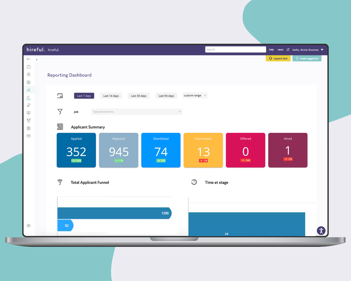 hireful Software - Reports dashboard showing recruitment activity over the last 30, 60, and 90 days across the organisation. - thumbnail