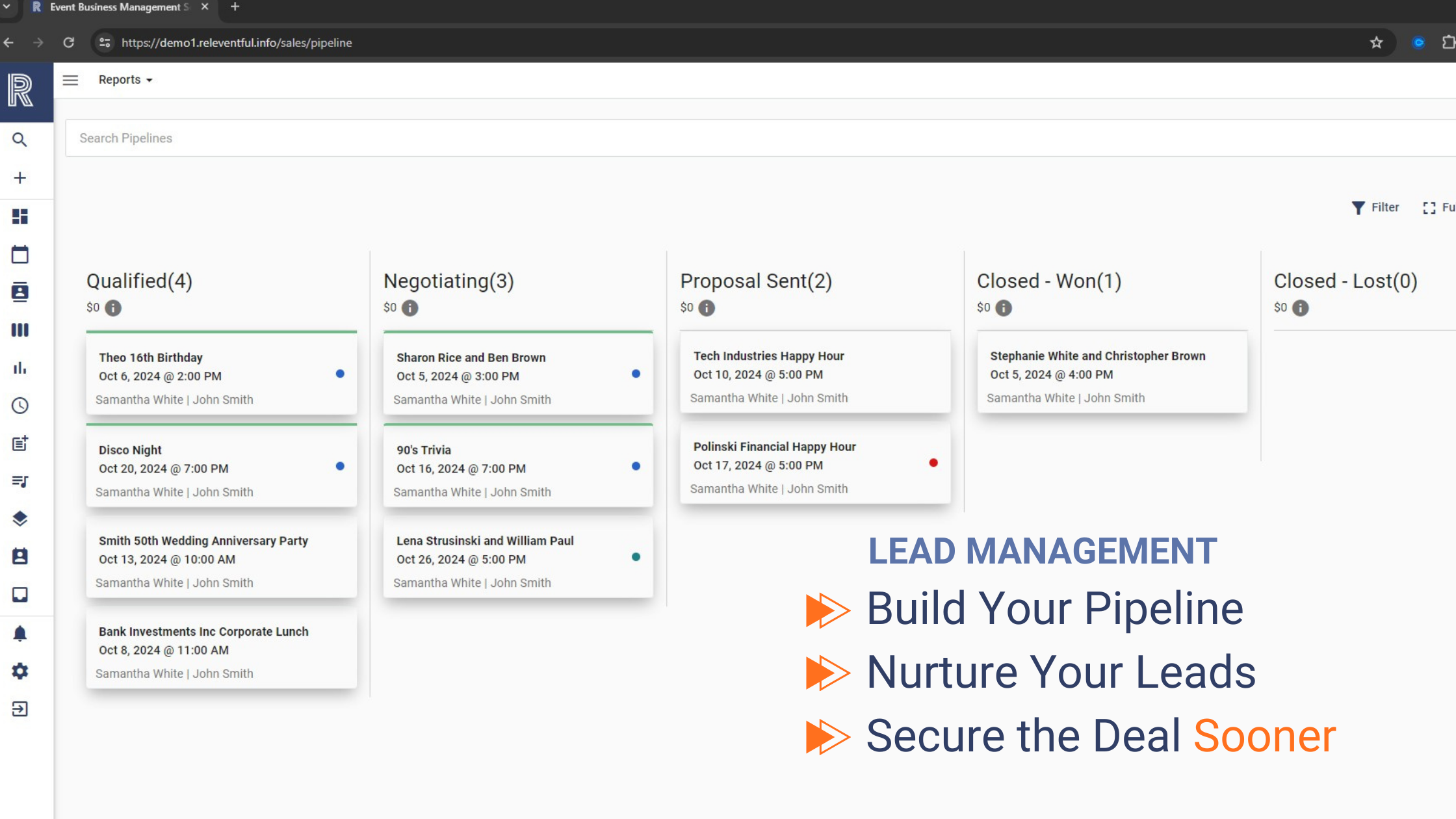 Releventful screenshot: Capture leads from your website, nurture them with automated campaigns, and book with ease. Our all-in-one platform streamlines sales into customizable, seamless workflows that keep your business moving.