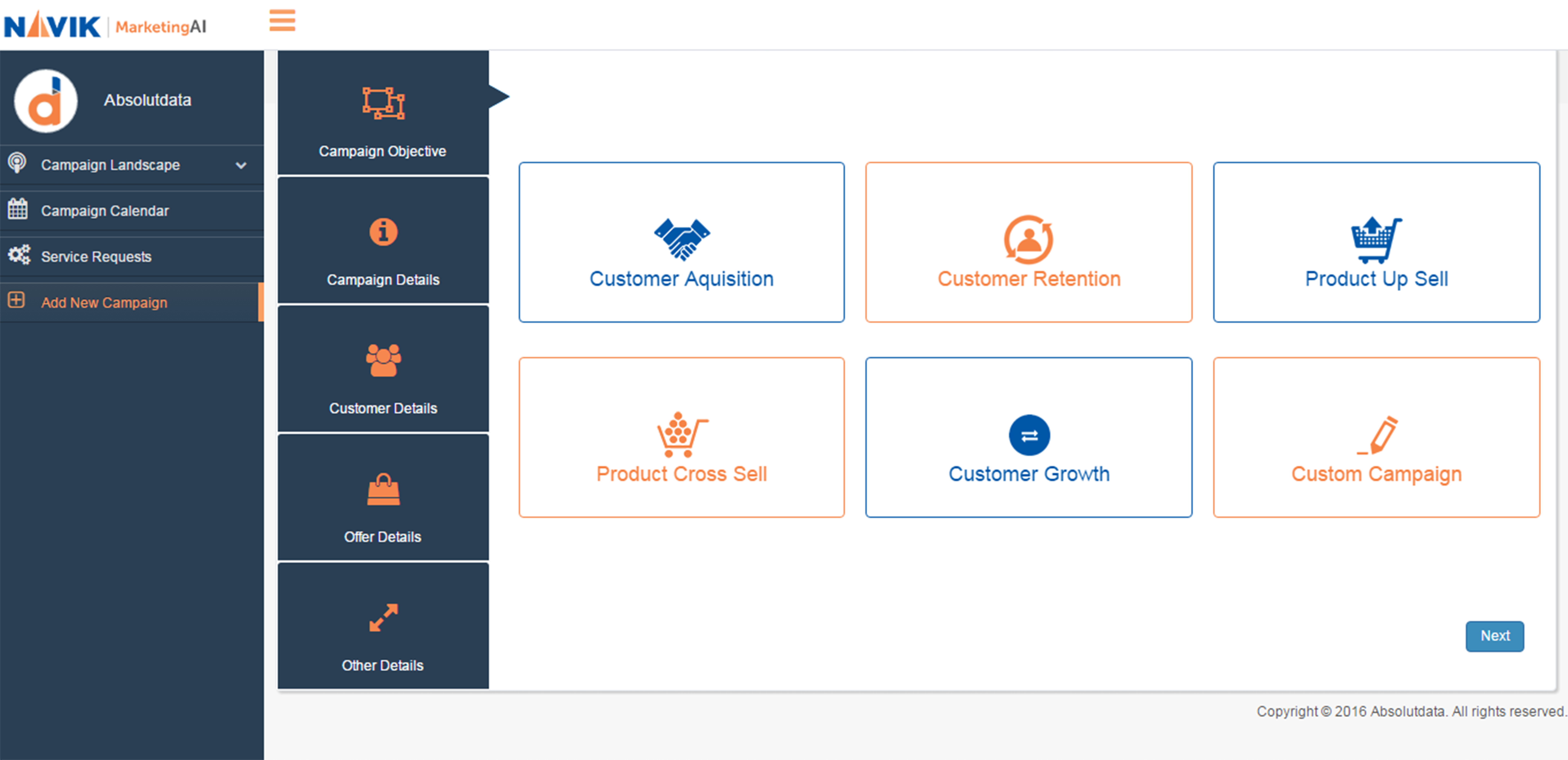 NAVIK MarketingAI screenshot: Start a new campaign by selecting the campaign objective