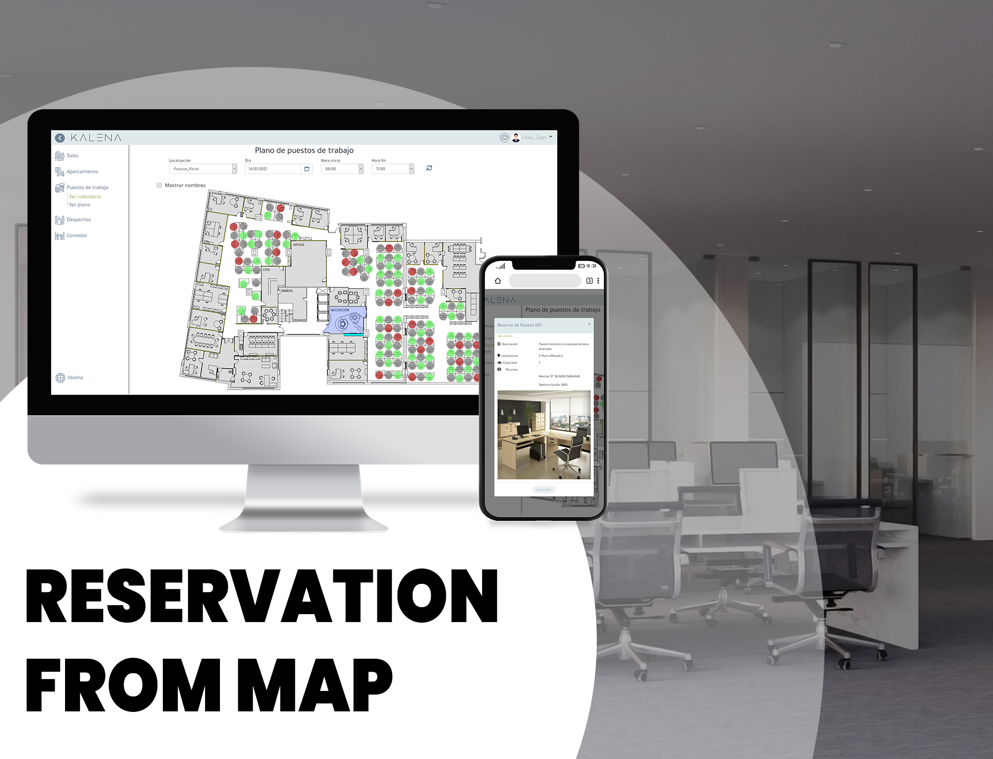 With Kalena you can use the floor plan view to book a meeting room, a workspace or a parking space. You will dynamically visualize the availability and occupation.