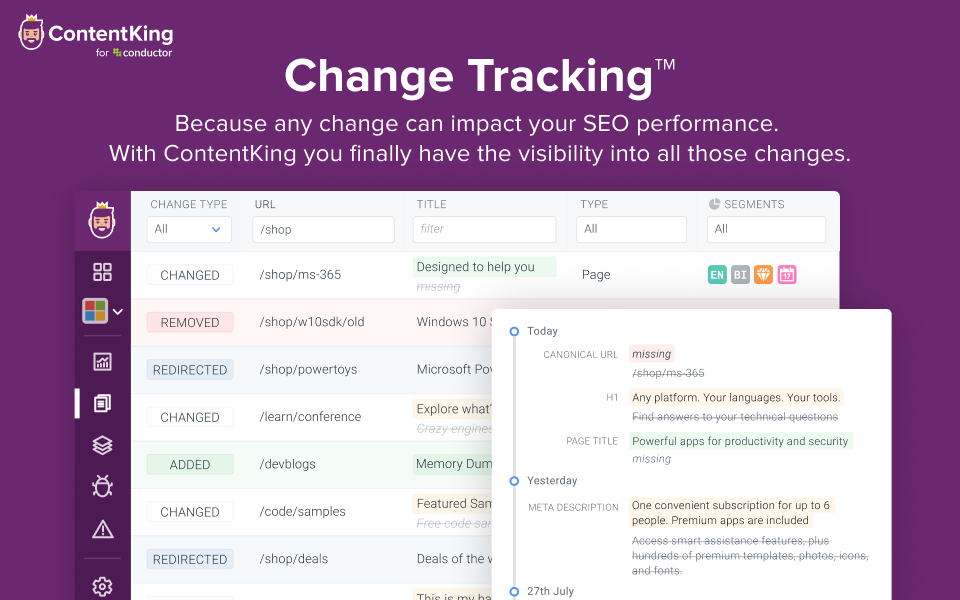 Change Tracking. Any change can impact your SEO performance. With ContentKing you finally have the visibility into all those changes.
