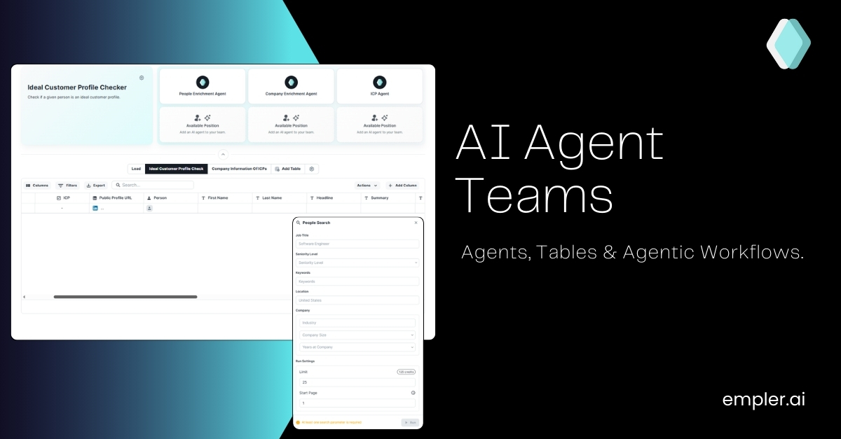 Empler screenshot: No-code Agentic AI Automation Framework. Vertical AI Agents. Multi-Agent Systems. Tables. Database. Agentic Workflow Tools.
