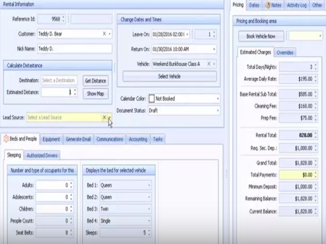 RV Rental Manager eXpress Software - Rental information overview