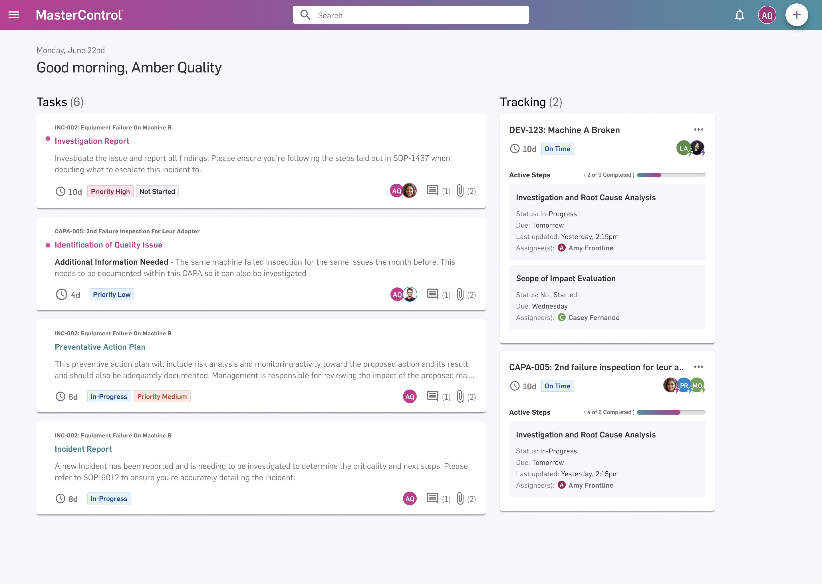 MasterControl QMS dashboard