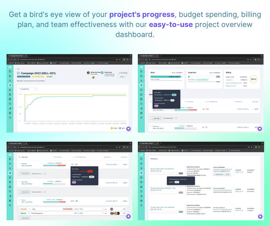 Project overview dashboard: Stay on top of important details like project milestones, exceeded budgets, or earned commissions, all in one convenient location. Get the insights you need to ensure your project's success with our intuitive dashboard.