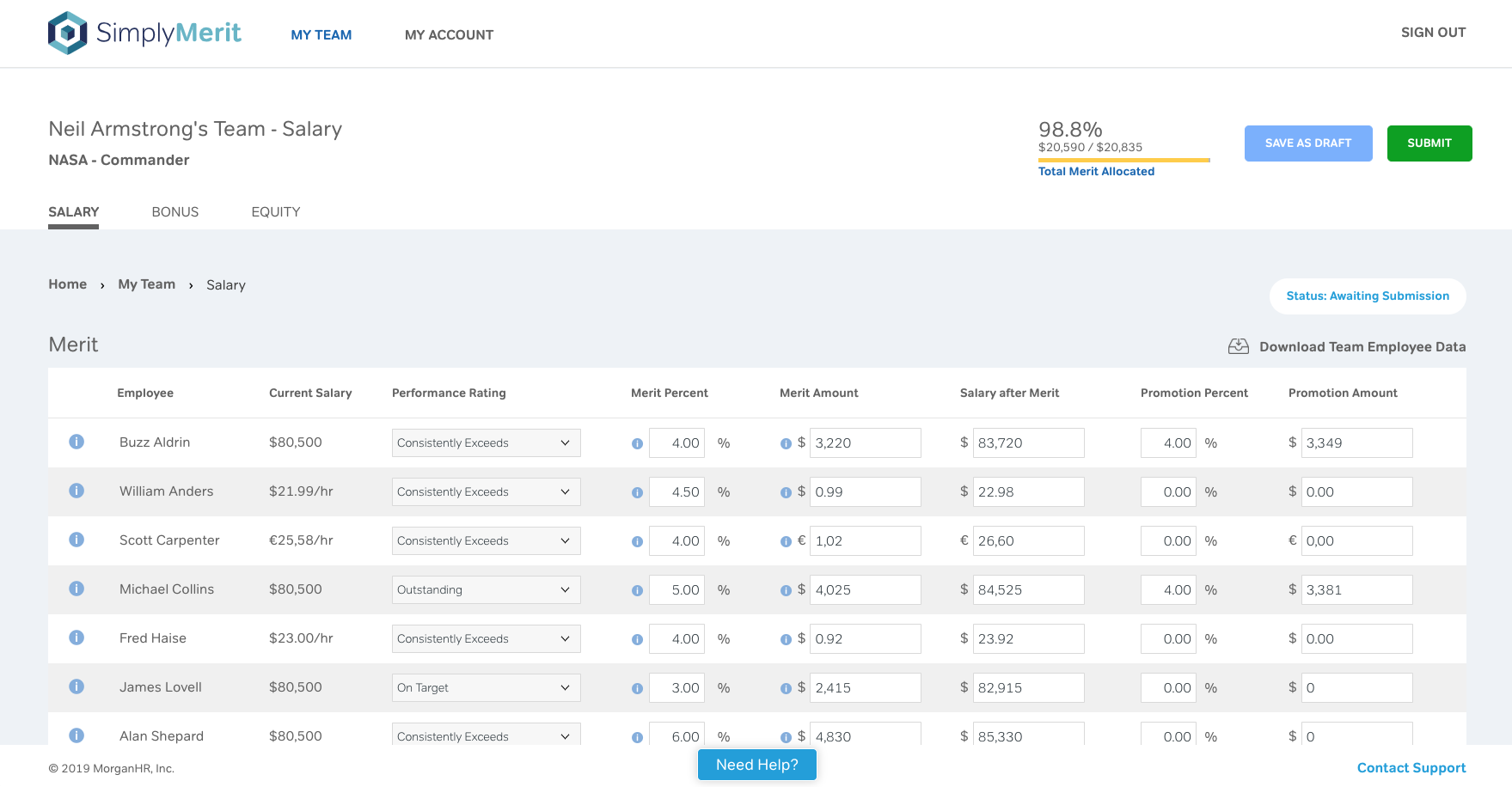 Highly customizable manager experience for managing merit, bonuses, and equity grants.