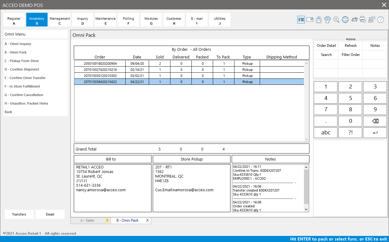 ACCEO Retail-1 Software - Omnichannel Pack Menu