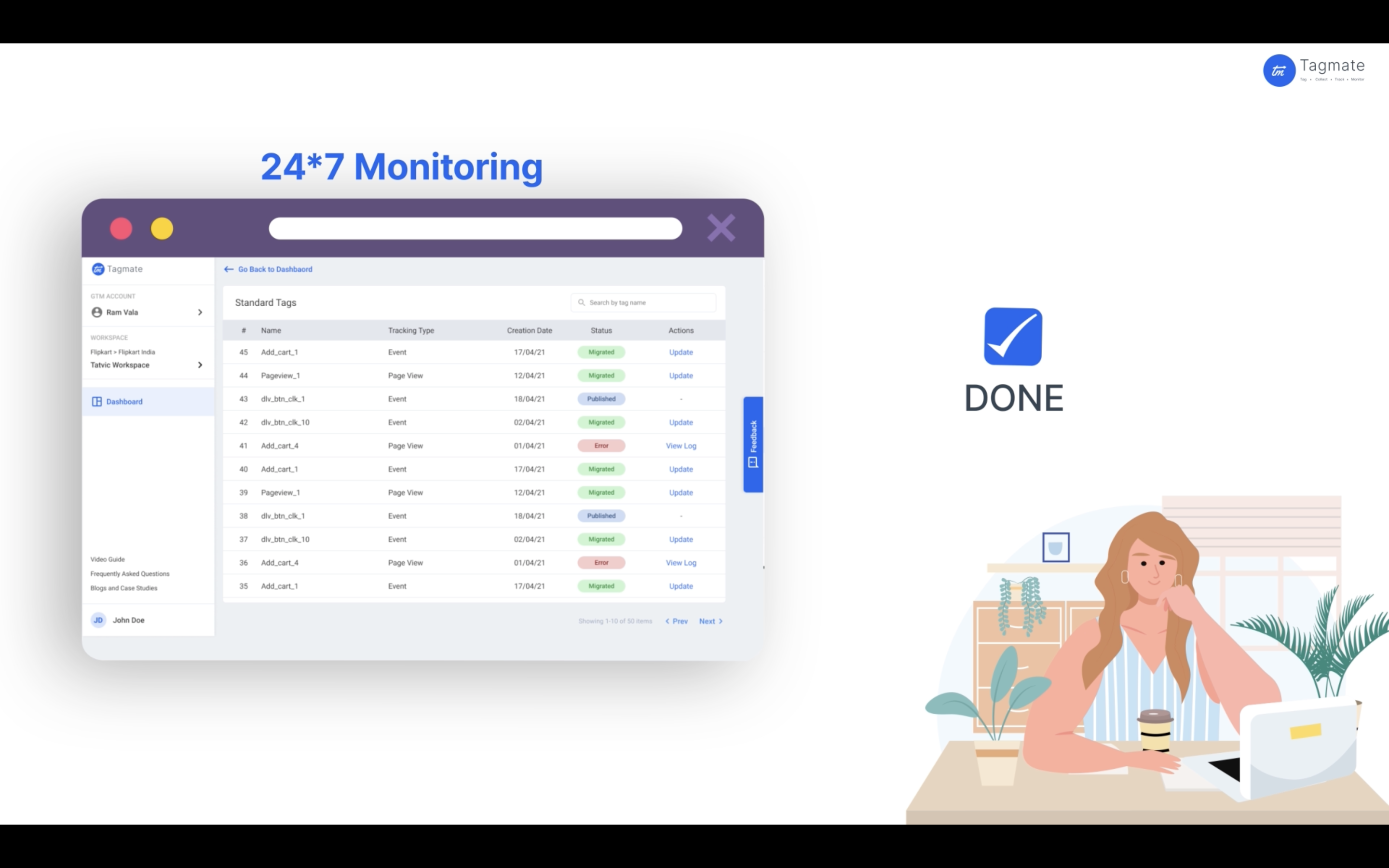 Tagmate gives you a dashboard that helps you monitor the status of your tags 24 by 7. All this, while in sync with Google Tag Manager.