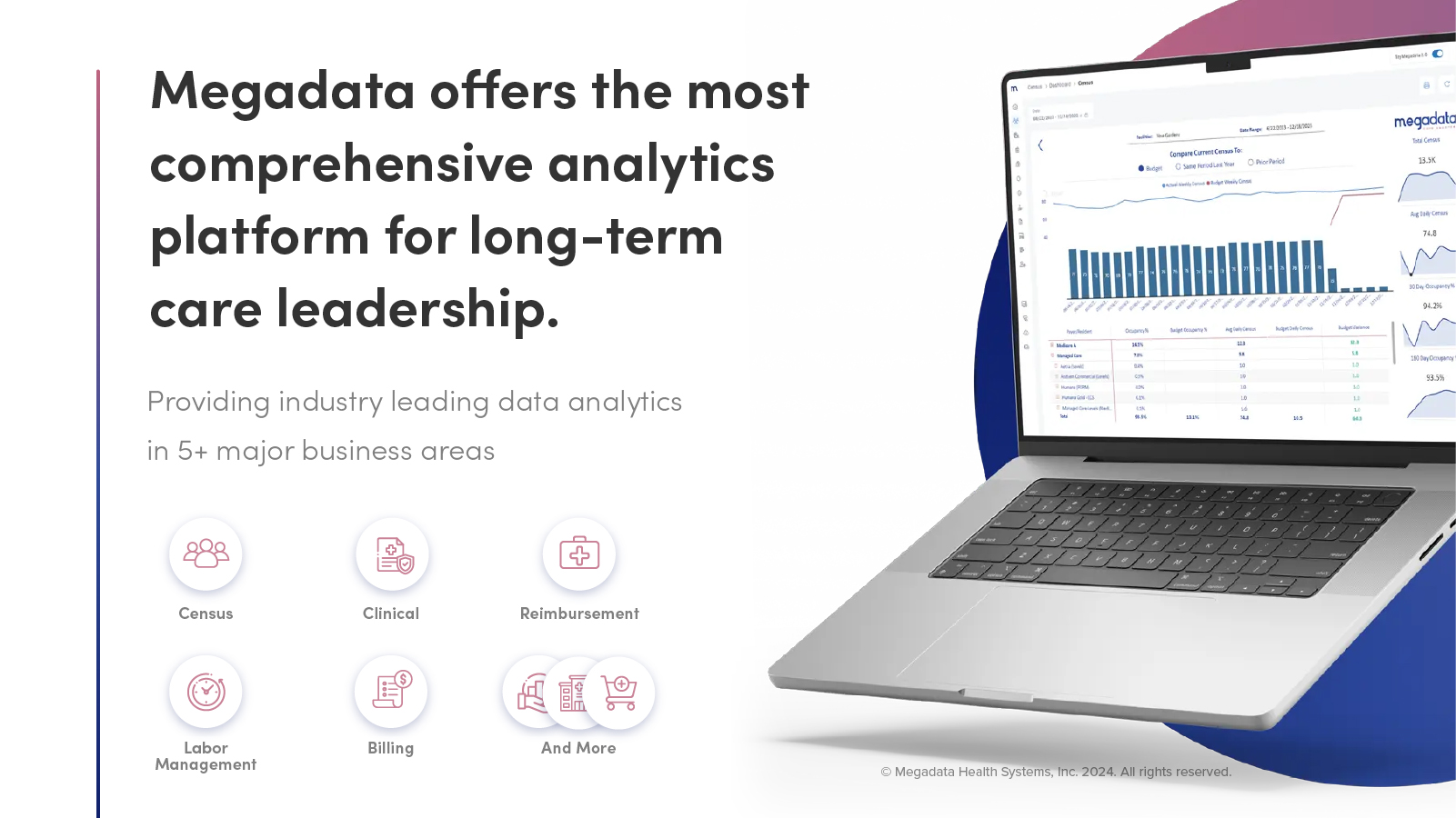 Megadata offers unparalleled analytics in 8+ key business categories for SNFs and ALFs