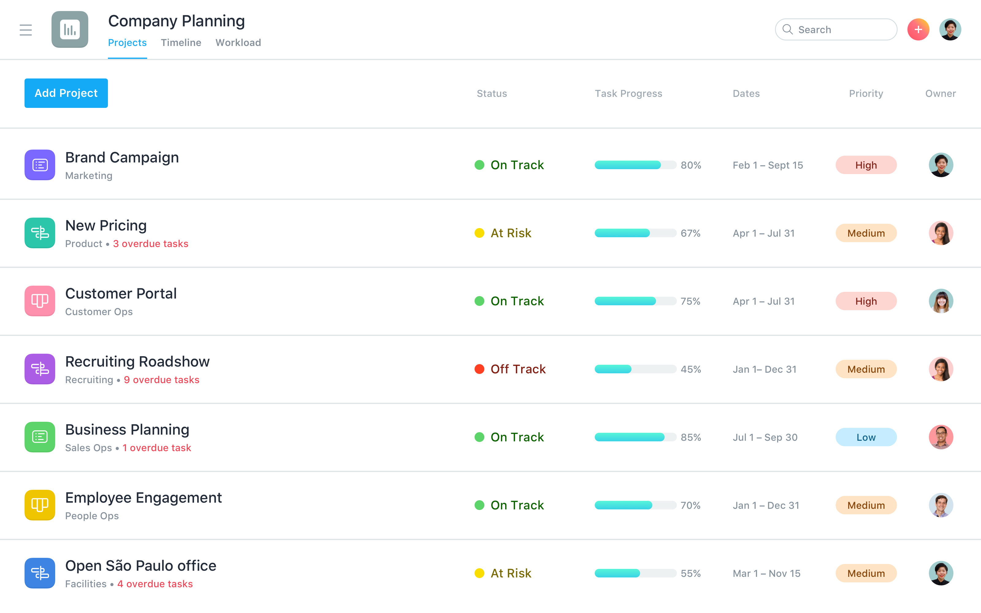 Asana Software - Track all your initiatives with project Portfolios. Portfolios show you the real-time status, priority, and progress of all your projects, so you have an accurate view of how you’re tracking toward your goals.