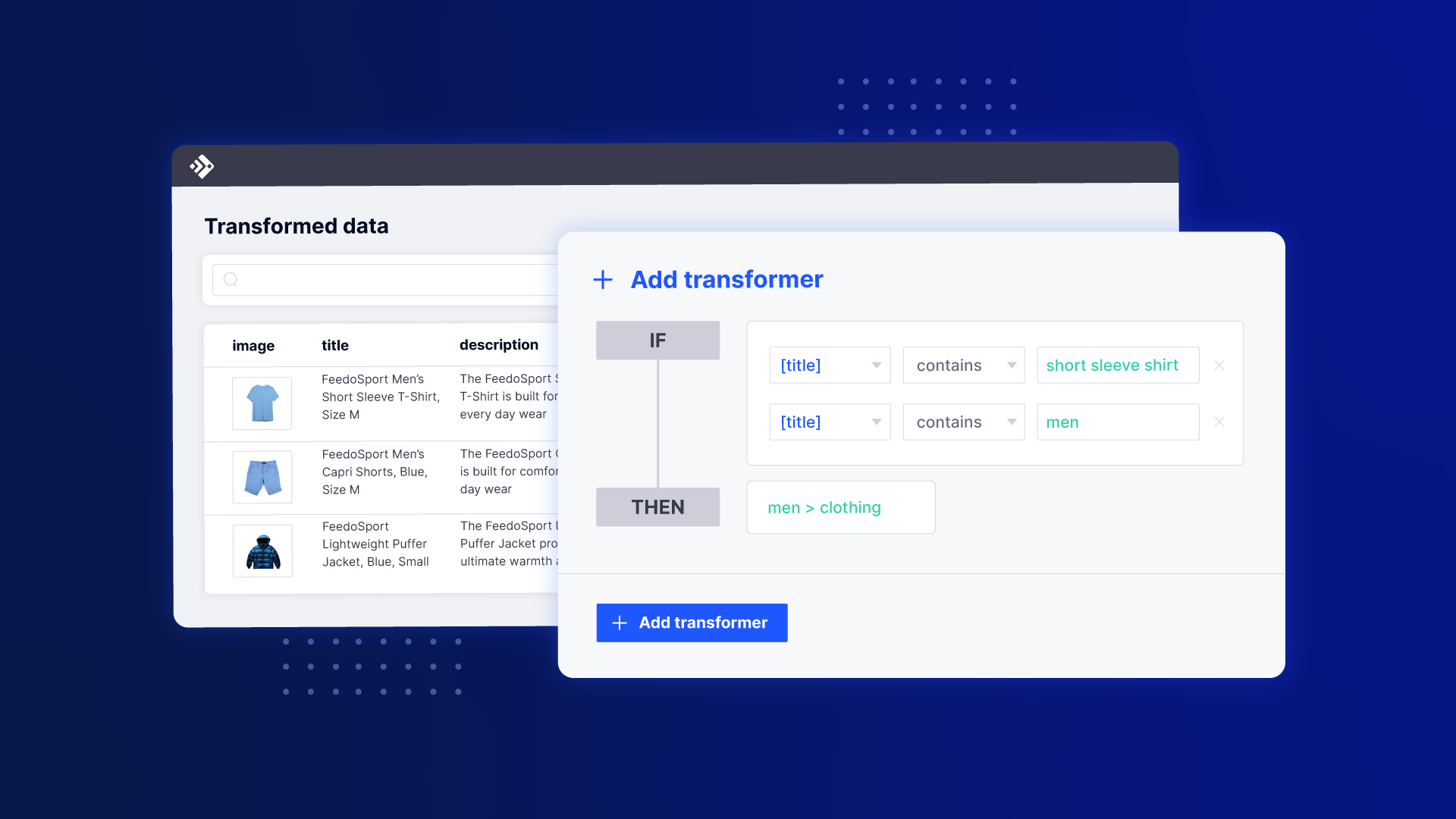 Feedonomics Software - Transformers for data optimization: Feedonomics adds custom transformers to optimize data at scale including your titles, descriptions, bullet points, and other product attributes.