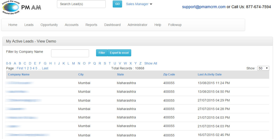 PMAM CRM screenshot: PMAM CRM view my active leads
