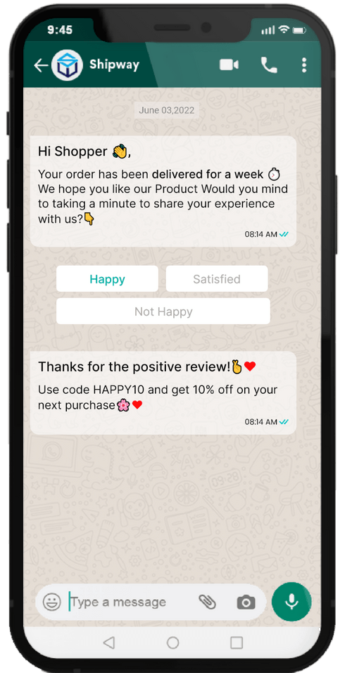 Send Review/Feedback notifications to customers with Automated Flows. Collect feedback through SMS/WhatsApp. Auto flow feedback reminders while Engage customers with exclusive offers to increase conversions by incentivizing customers